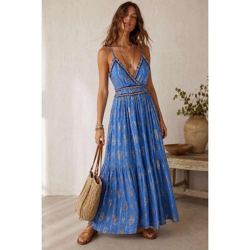 Zury Blue Paisley Metallic Lurex Maxi Dress Smocked Boho Tiered Free Size